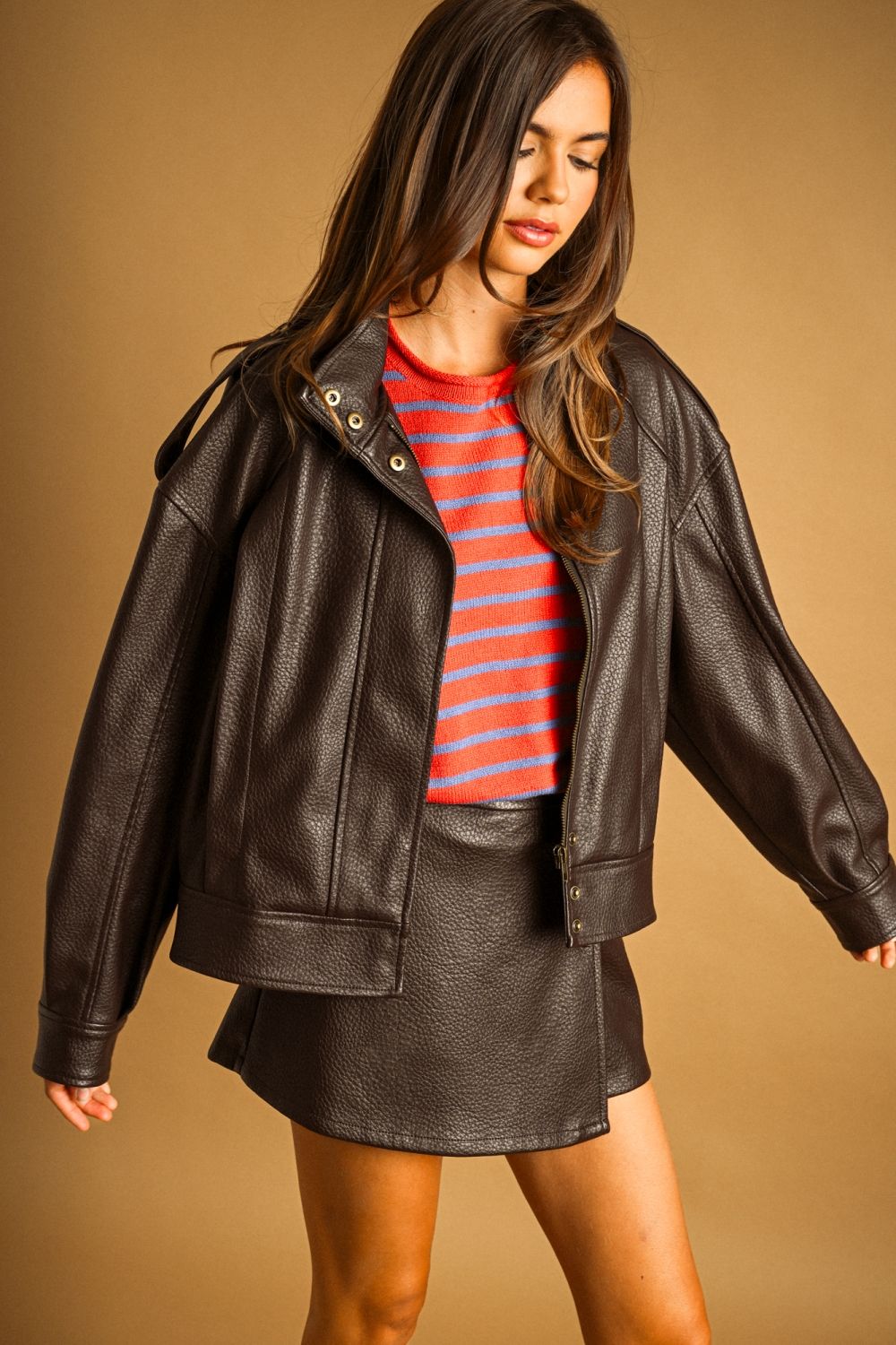 Chocolate Faux Leather Skort in chocolate brown, front view styled with the matching jacket