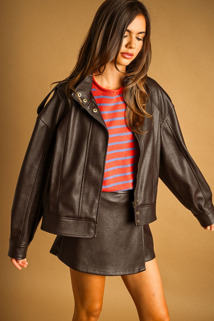 Chocolate Faux Leather Skort in chocolate brown, front view styled with the matching jacket