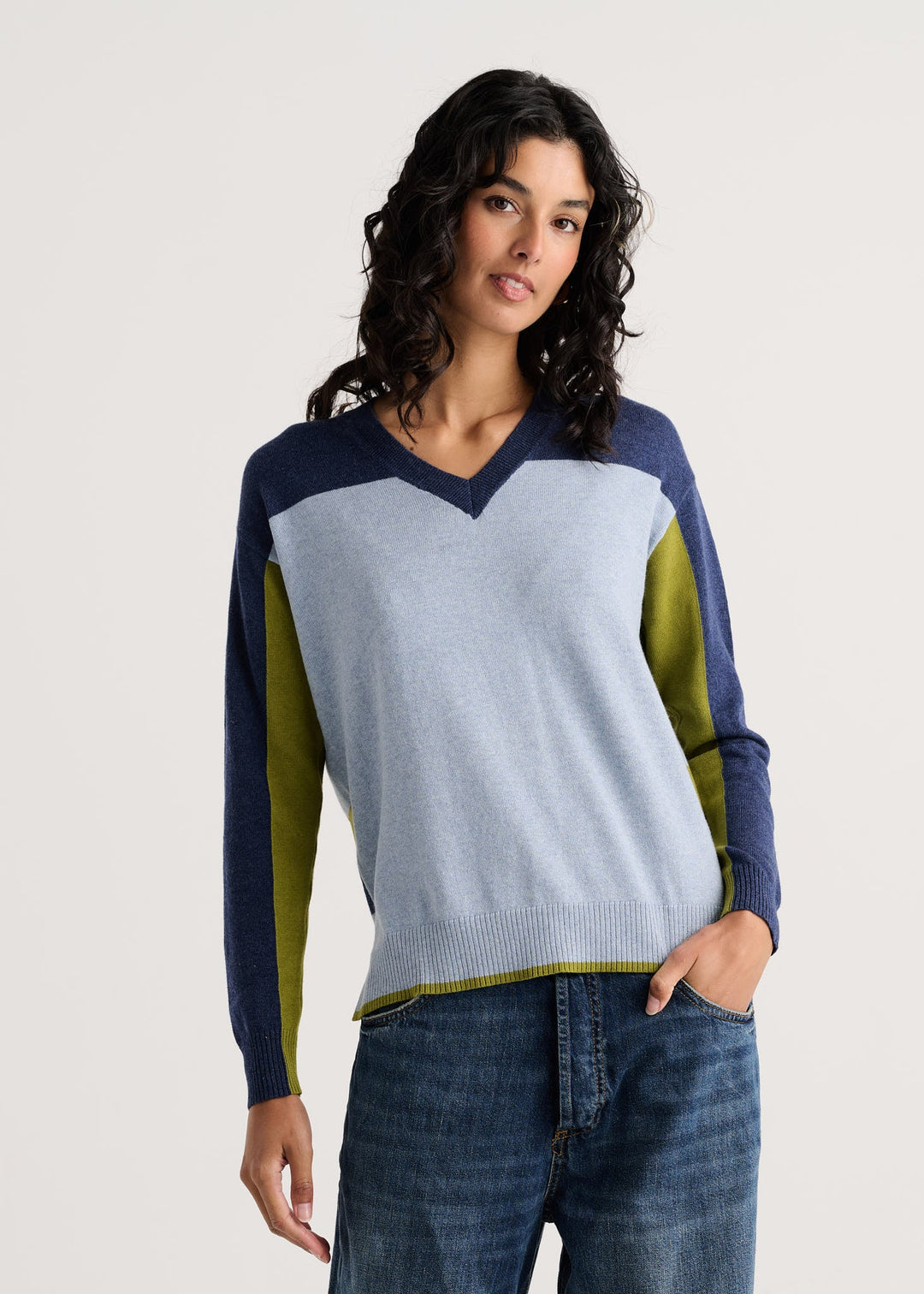 Color Theory V-Neck Sweater by Zaket & Plover, colorblock front in sky blue and navy