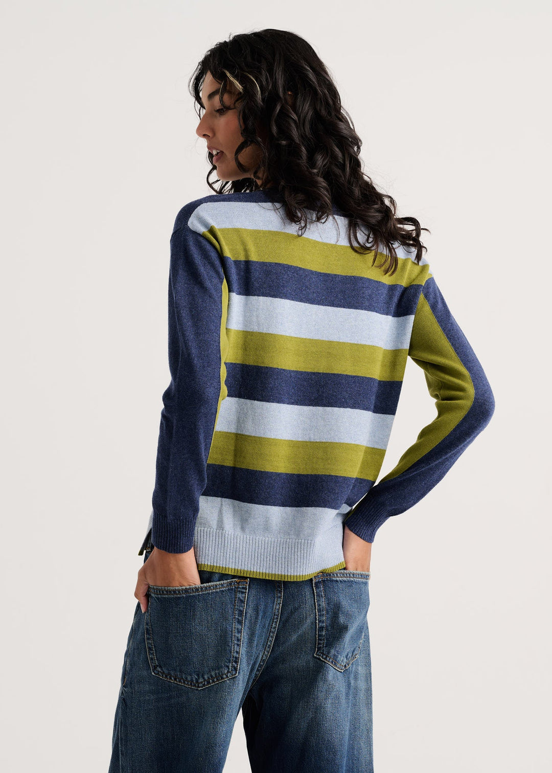 Color Theory V-Neck Sweater back view with navy, chartreuse and sky blue stripes