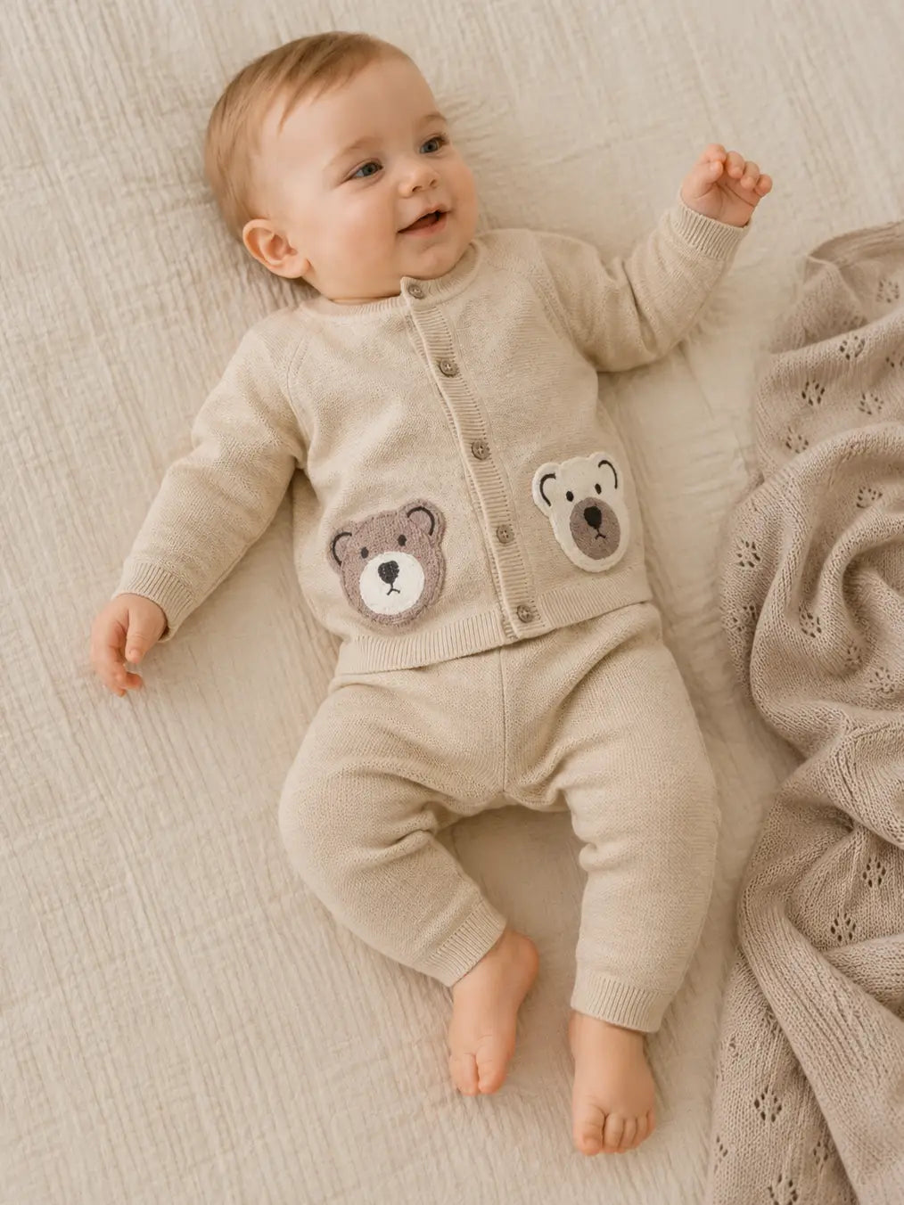 Cozy Bear Baby Cardigan set in oatmeal organic cotton knit with bear appliqués