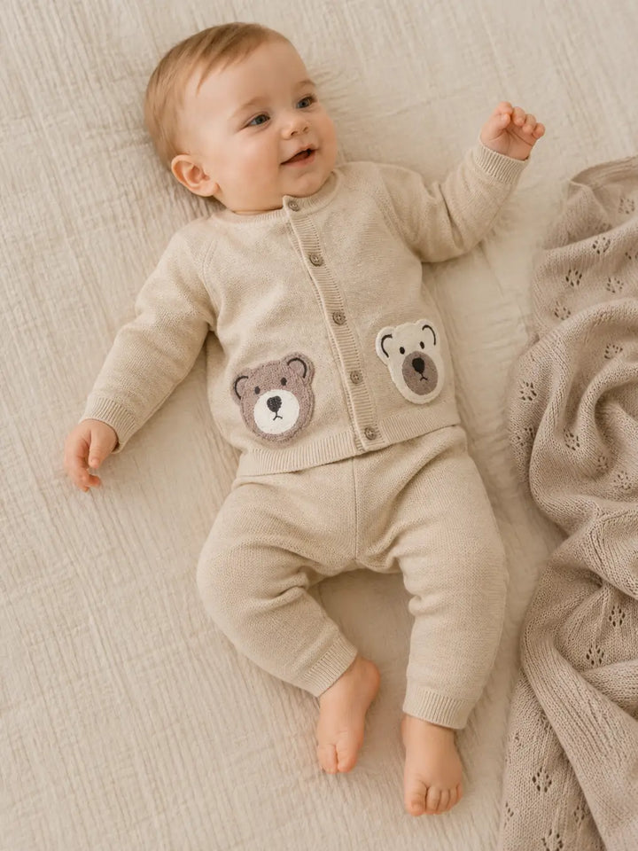 Cozy Bear Baby Cardigan set in oatmeal organic cotton knit with bear appliqués