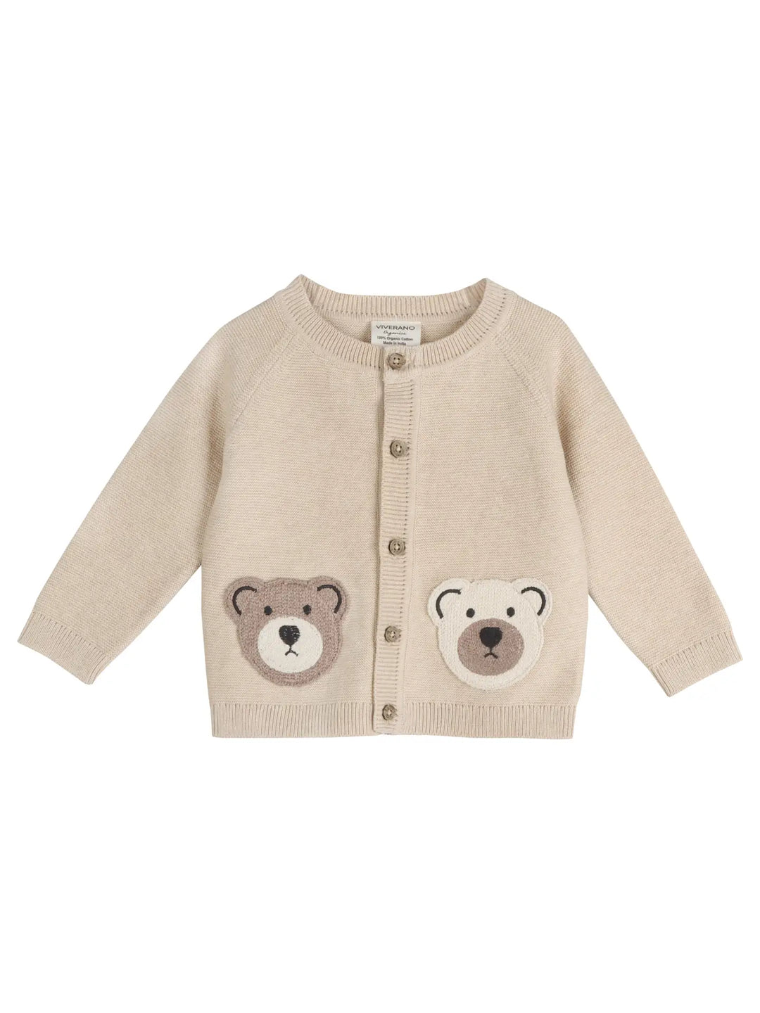 Oatmeal knit baby cardigan with playful bear appliqués and coordinating pants