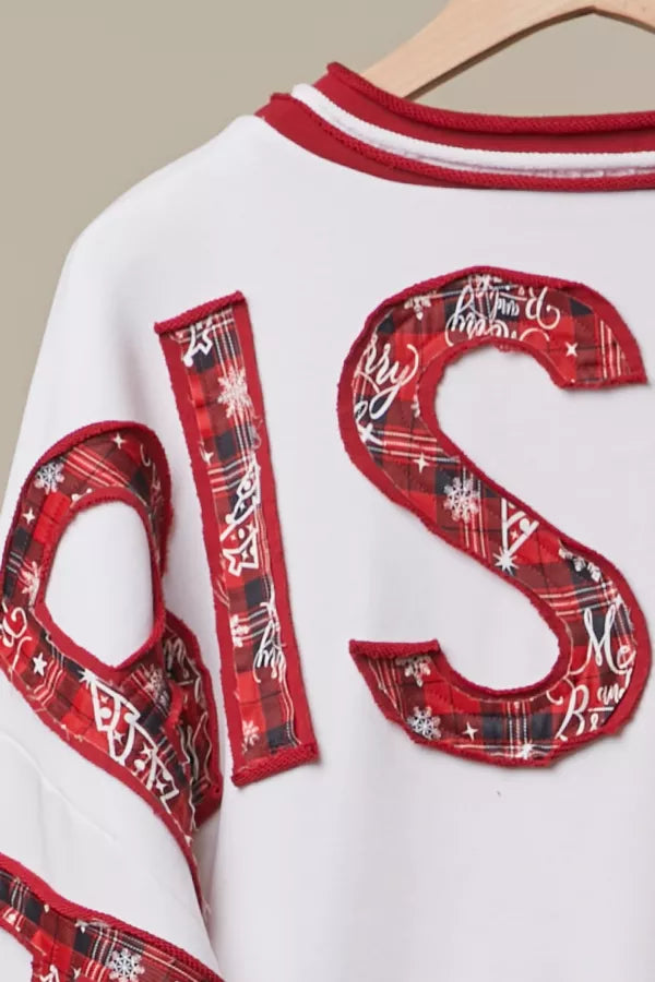 Merry Christmas Plaid Sweatshirt close-up of raw-edge red tartan appliqué letters