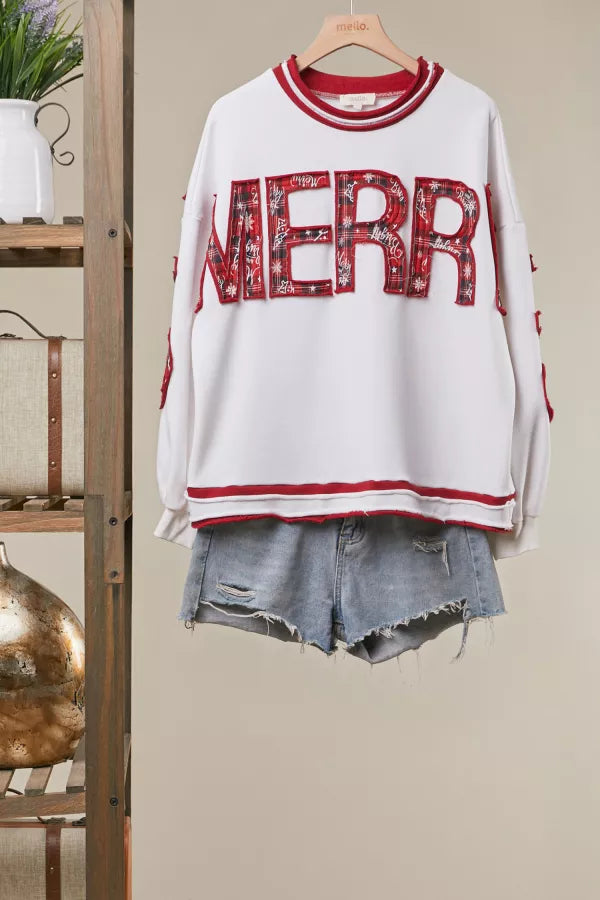 Merry Christmas Plaid Sweatshirt in ivory with red plaid MERRY lettering, front view