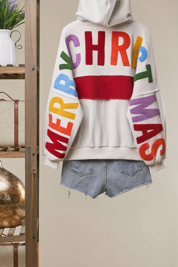 Ho Ho Ho Zip Hoodie back view with rainbow chenille MERRY CHRISTMAS lettering across back and sleeves