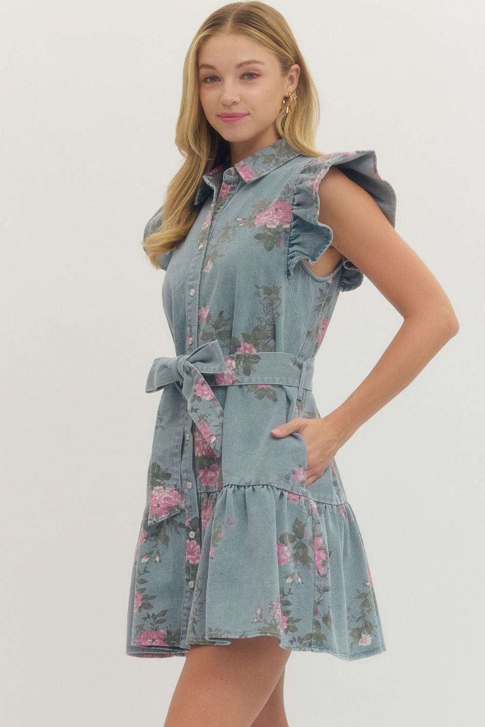 entro denim dress Entro Denim Dreams Ruffle Sleeve Dress-Light Blue