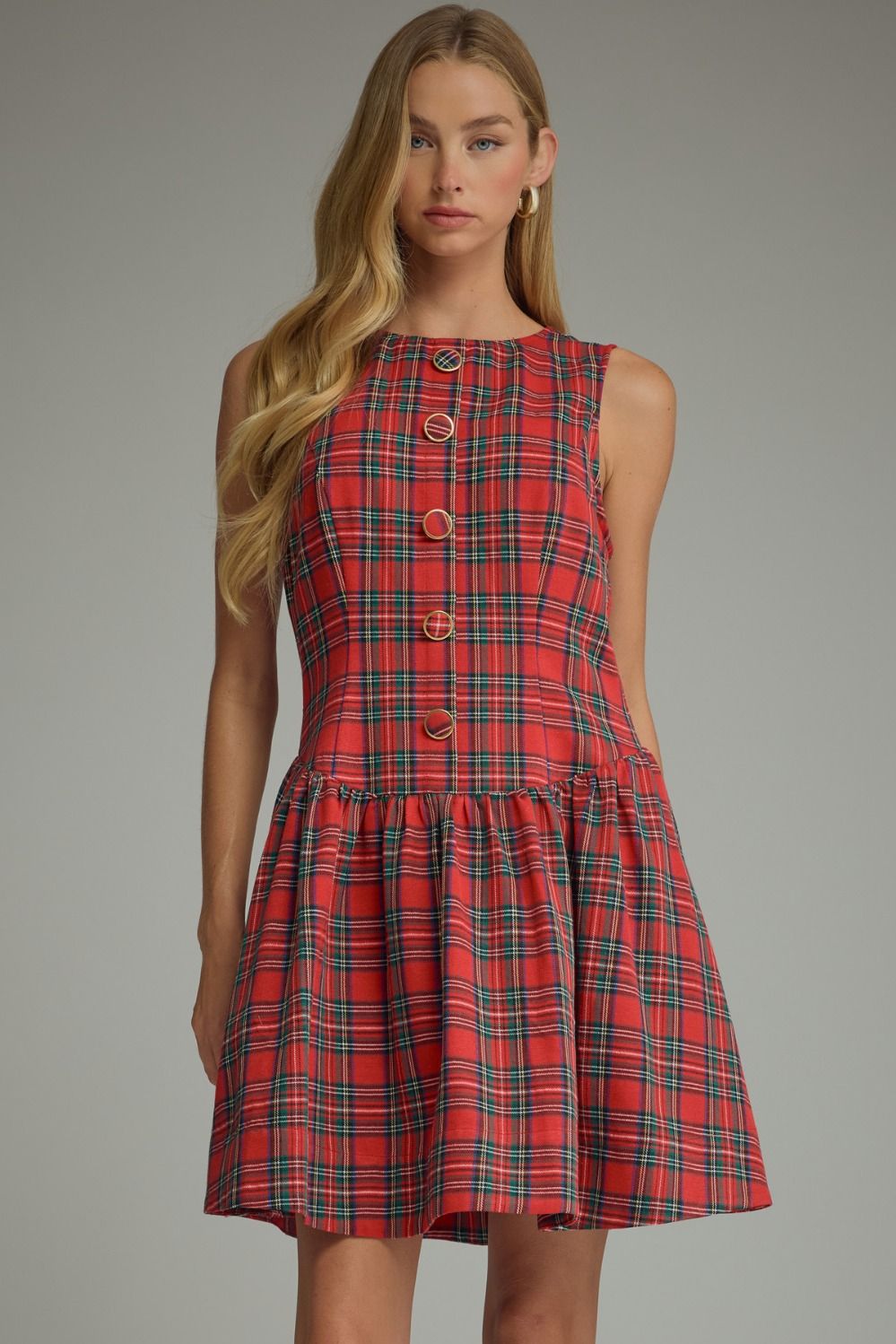Tartan Belle Sleeveless Dress in red tartan with button front, front view