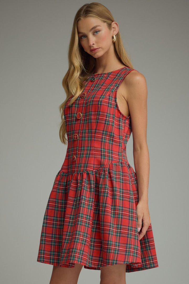Tartan Belle Sleeveless Dress in red tartan, three-quarter front view