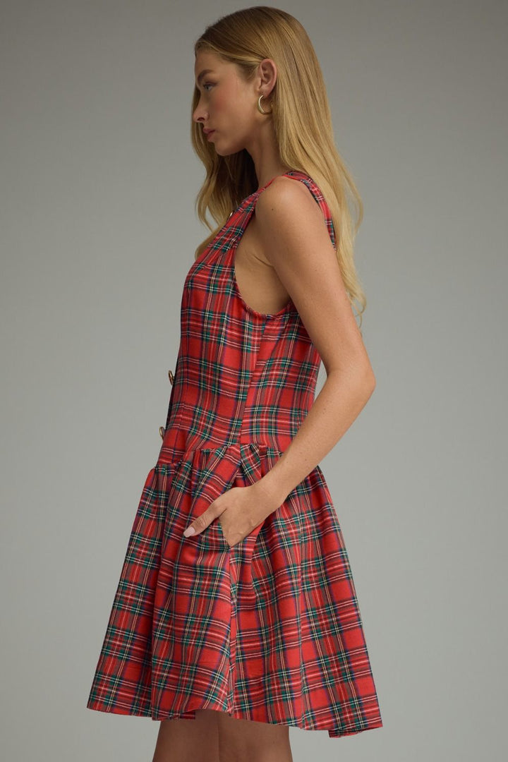 Tartan Belle Sleeveless Dress in red tartan, side view showing pocket