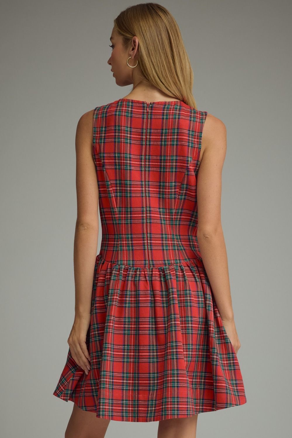 Tartan Belle Sleeveless Dress in red tartan, back view