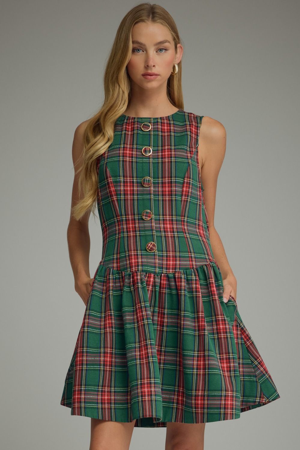 Tartan Belle Sleeveless Dress in green tartan with button front, front view