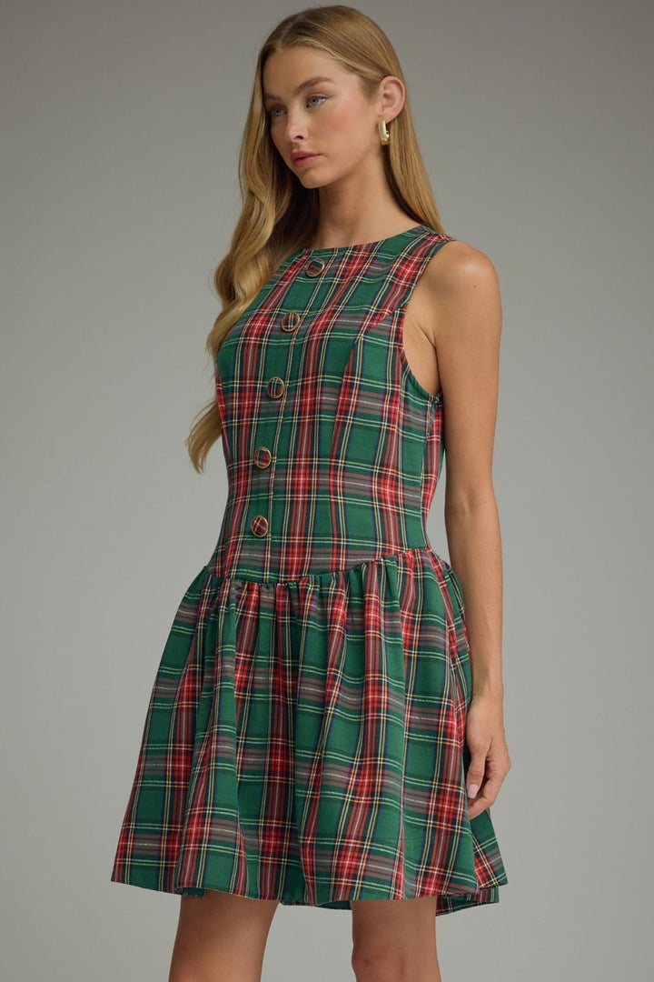 Tartan Belle Sleeveless Dress in green tartan, three-quarter front view