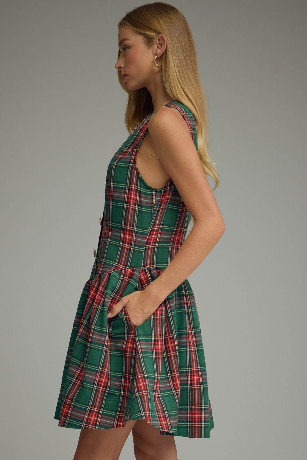 Tartan Belle Sleeveless Dress in green tartan, side view showing pocket