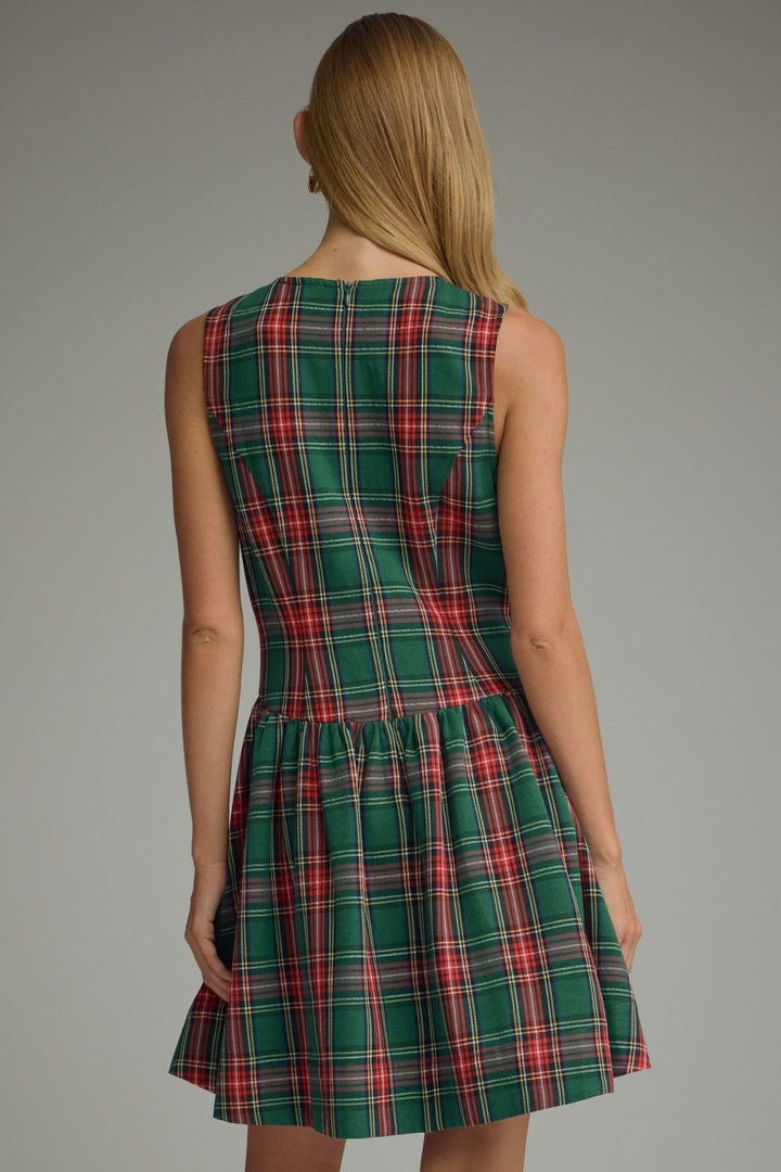 Tartan Belle Sleeveless Dress in green tartan, back view
