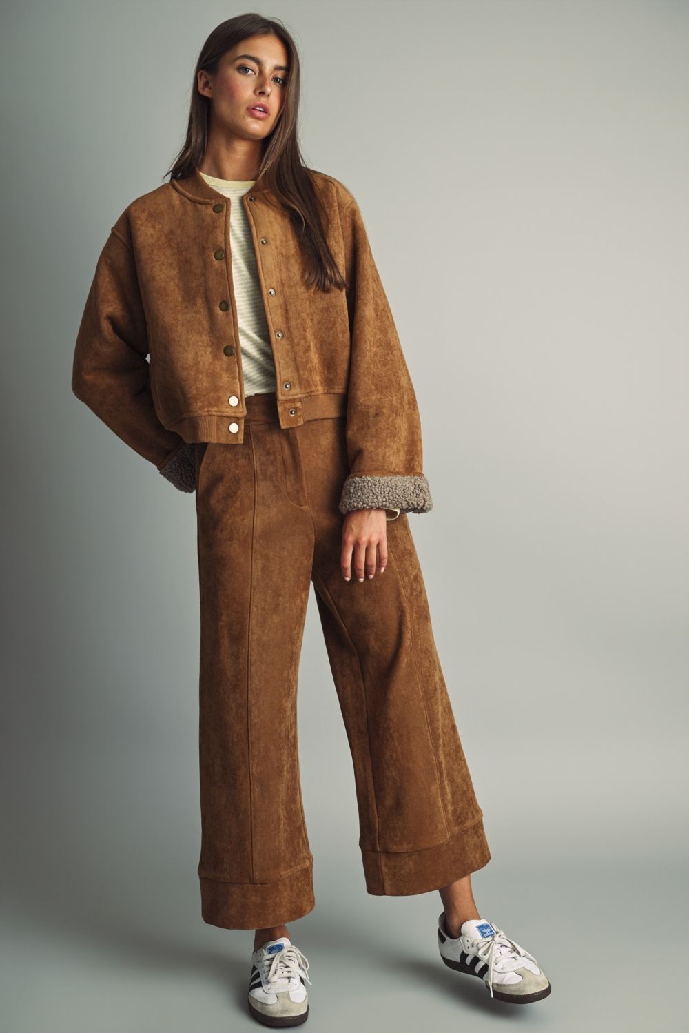 Esme Suede Wide Leg Pants in camel, full-length view styled with the matching sherpa suede jacket