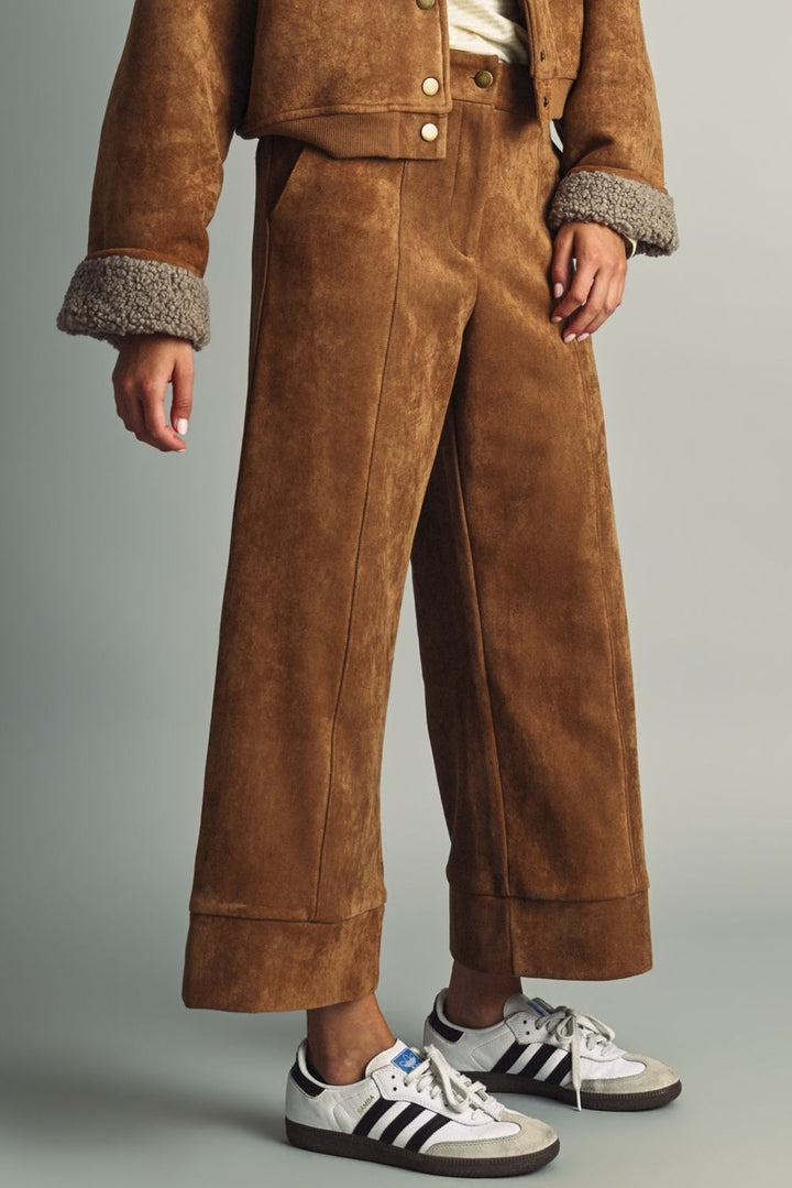 Esme Suede Wide Leg Pants in camel, three-quarter front view