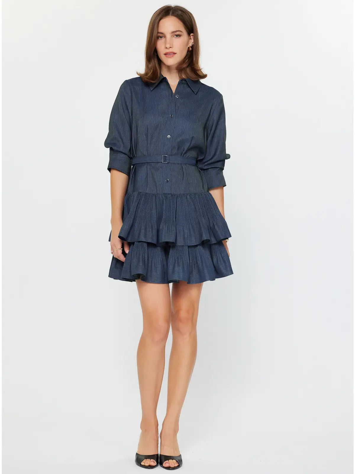current air denim dress Current Air Point Collar Short Sleeve Drop Waist Mini Dress, Womens, L, Blue