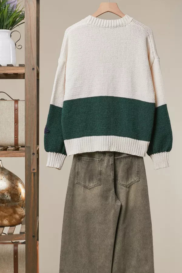 Tide Pool Cardigan back view showing ivory and hunter green color block