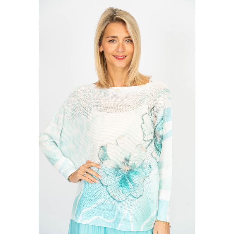 Woman wearing a light blue floral dress with a white background