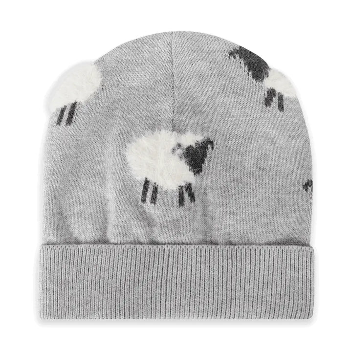 Furry Sheep Baby Beanie in pewter grey heather with fuzzy 3D sheep and ribbed cuff