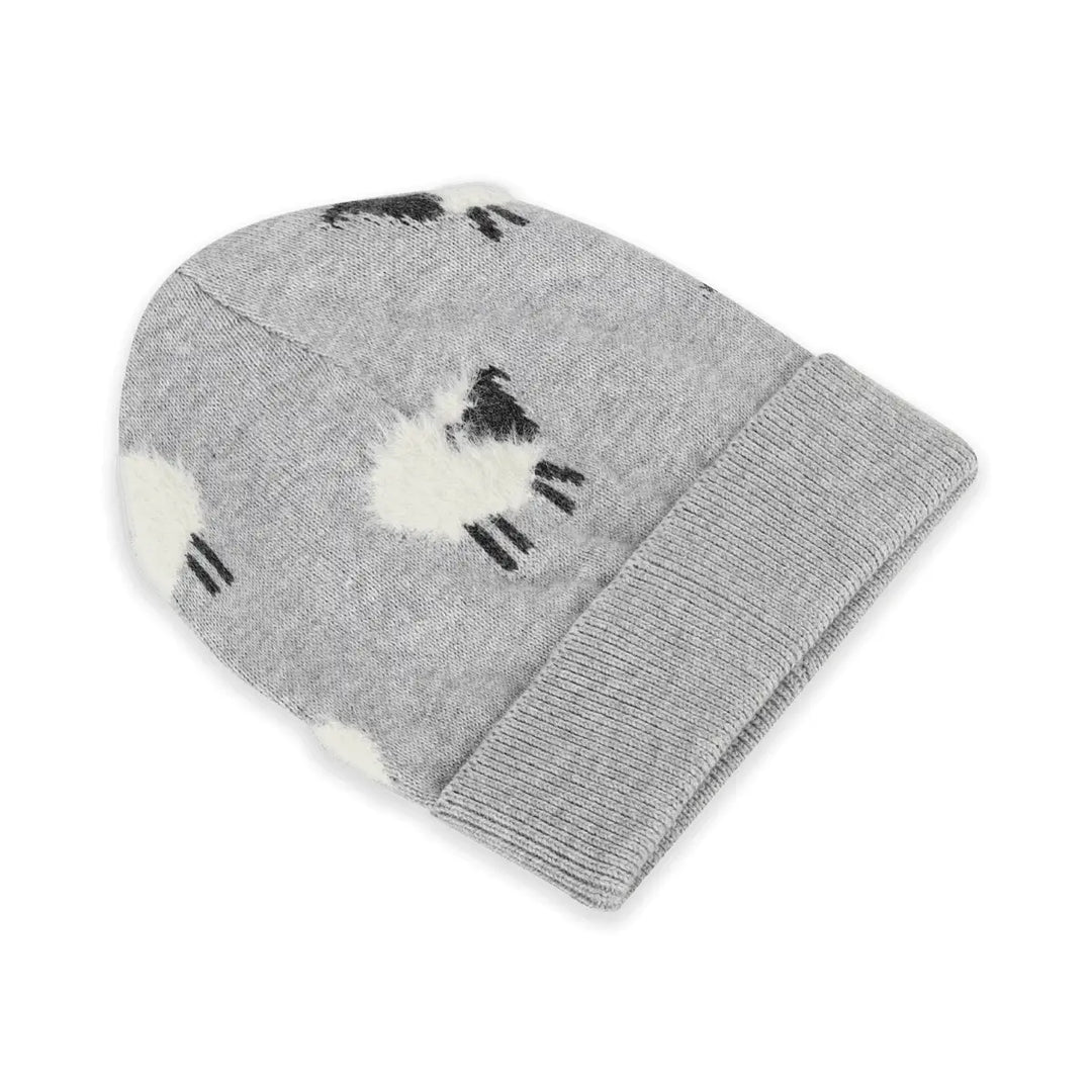 Furry Sheep Baby Beanie in grey organic cotton knit, side view