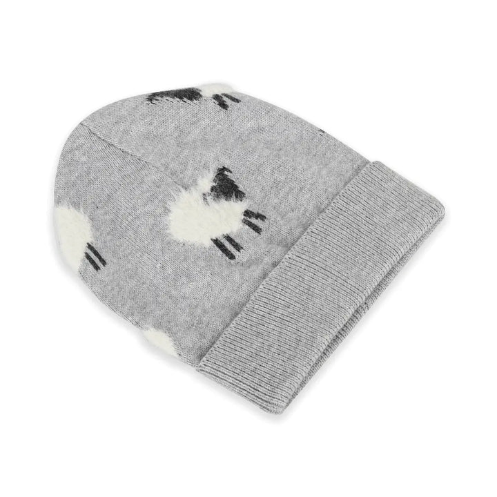 Furry Sheep Baby Beanie in grey organic cotton knit, side view