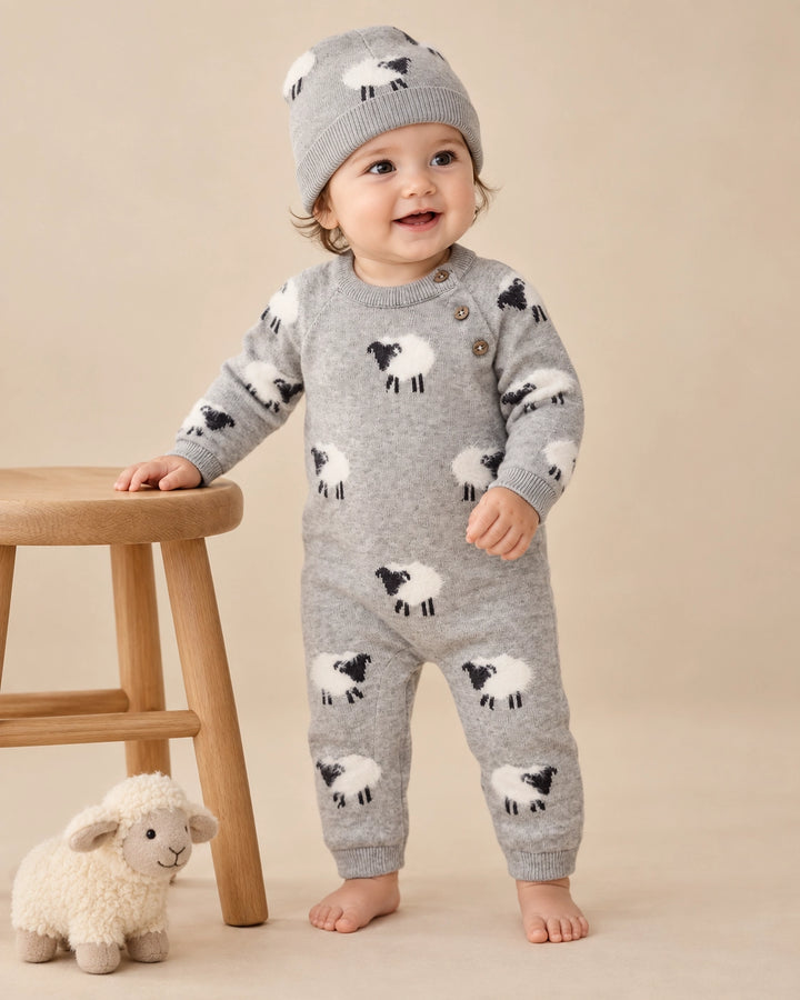 Furry Sheep Baby Jumpsuit in pewter grey heather with fuzzy 3D sheep, worn with matching beanie