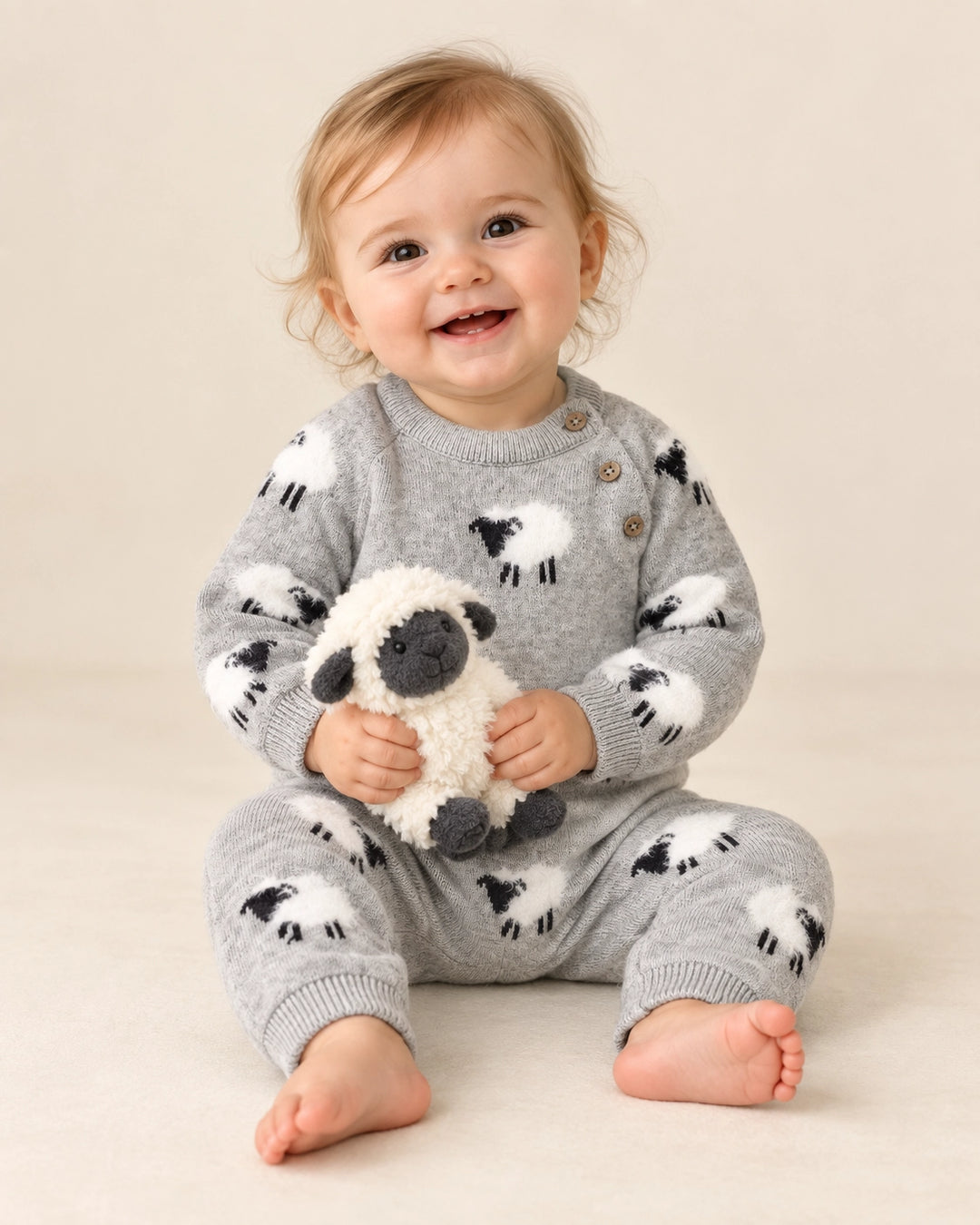 Baby sitting in the Furry Sheep Baby Jumpsuit, grey organic cotton sweater knit