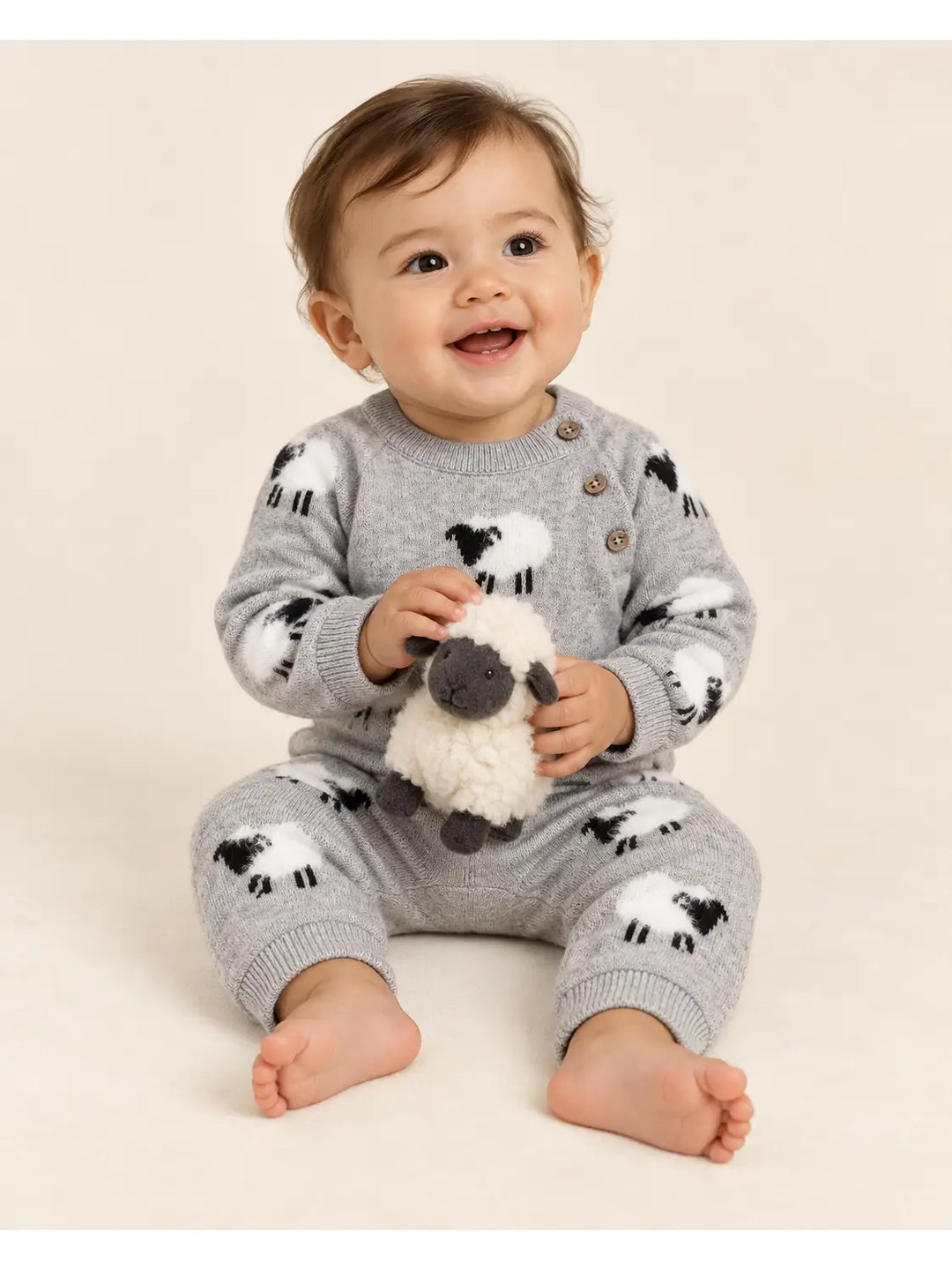 Furry Sheep Baby Jumpsuit with shoulder buttons and ribbed cuffs, worn by baby