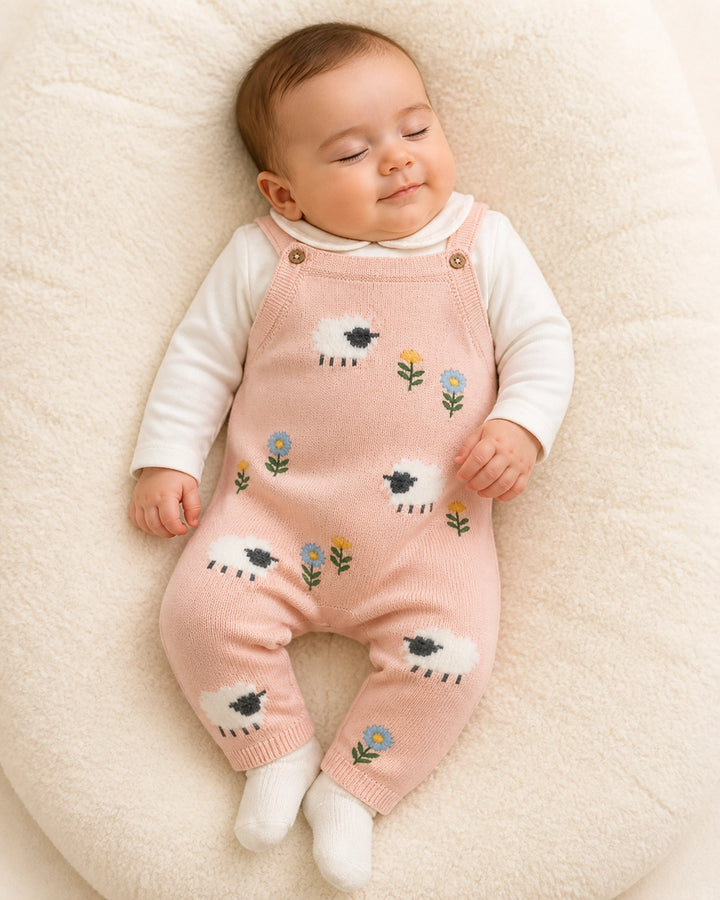 Gentle Lamb Baby Overall Set in sweet pink organic cotton knit with lamb and floral motifs