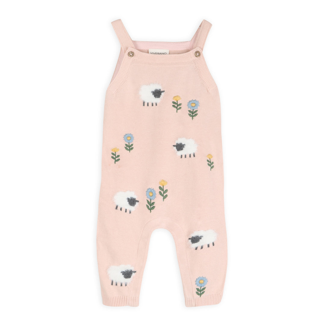 Sweet pink lamb knit baby overall set with full-length leg snaps