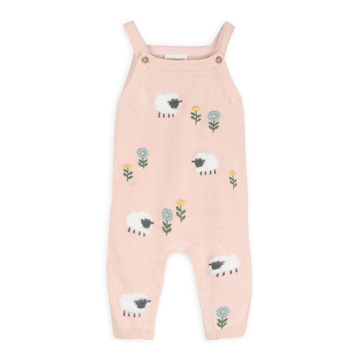 Sweet pink lamb knit baby overall set with full-length leg snaps