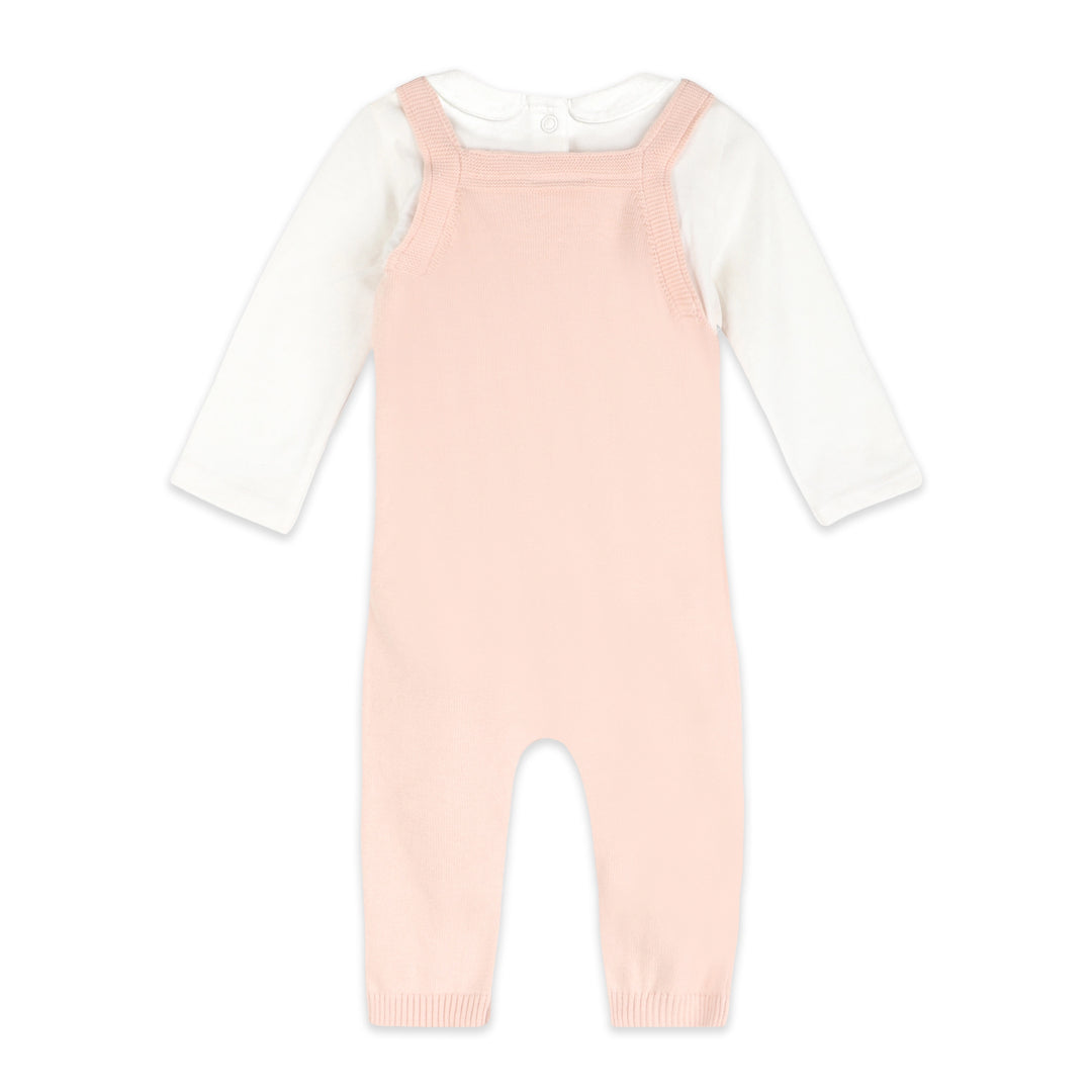 Organic cotton pink lamb and floral knit baby overalls by Viverano