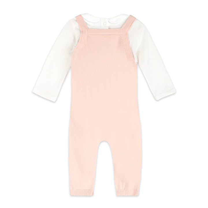 Organic cotton pink lamb and floral knit baby overalls by Viverano