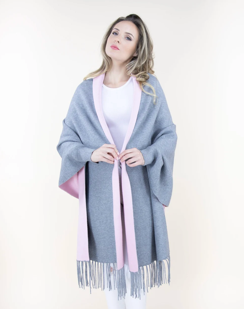 Hearthside Fringe Sweater Shawl in heather pink by Original