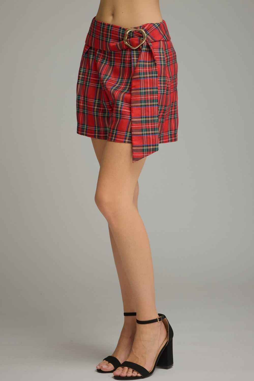 Highland Plaid Buckle Shorts in Red by Entro, view 2