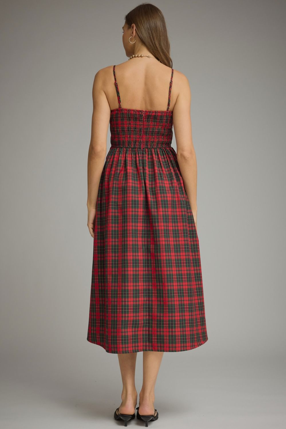 Holly Plaid Pleated Midi Dress in red plaid, back view showing smocked back