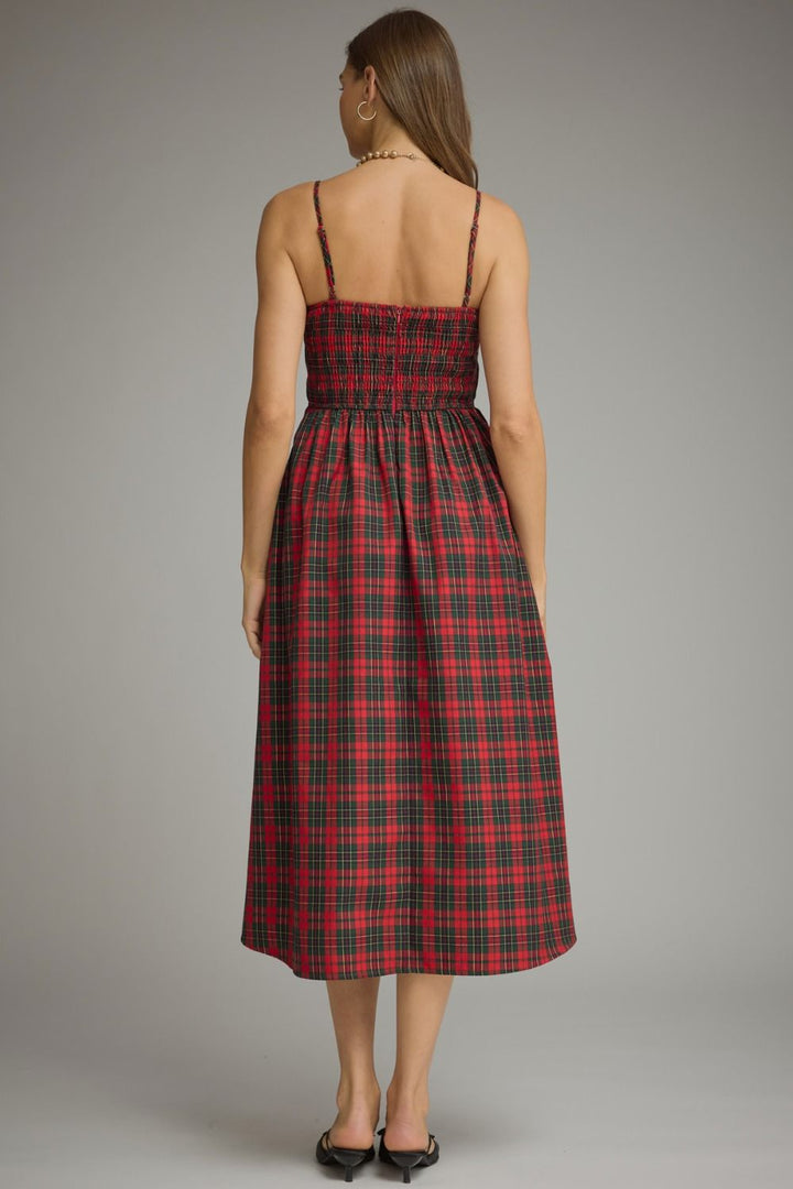 Holly Plaid Pleated Midi Dress in red plaid, back view showing smocked back