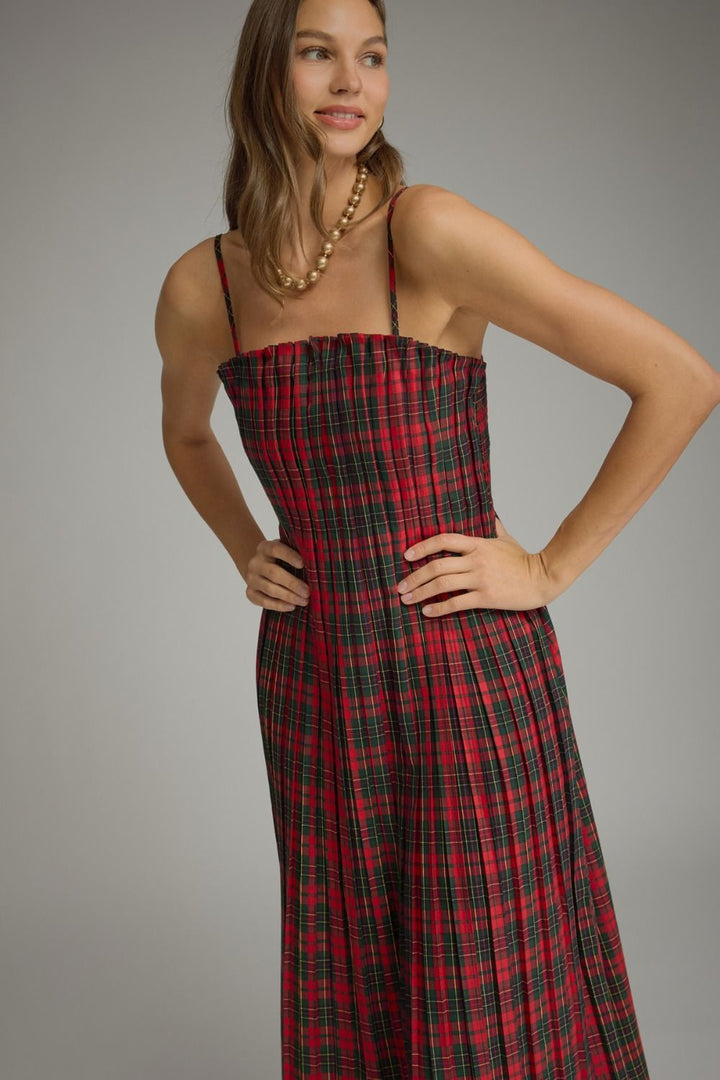 Holly Plaid Pleated Midi Dress in red plaid, close-up of pleated bodice and spaghetti straps
