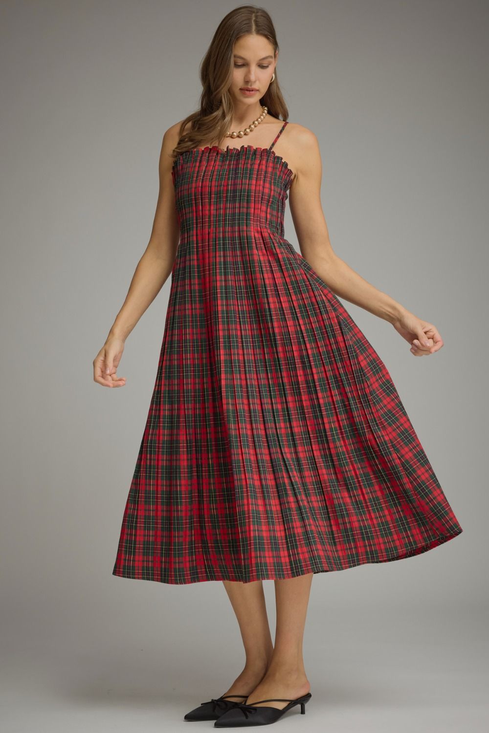 Holly Plaid Pleated Midi Dress in red plaid, front view showing skirt movement