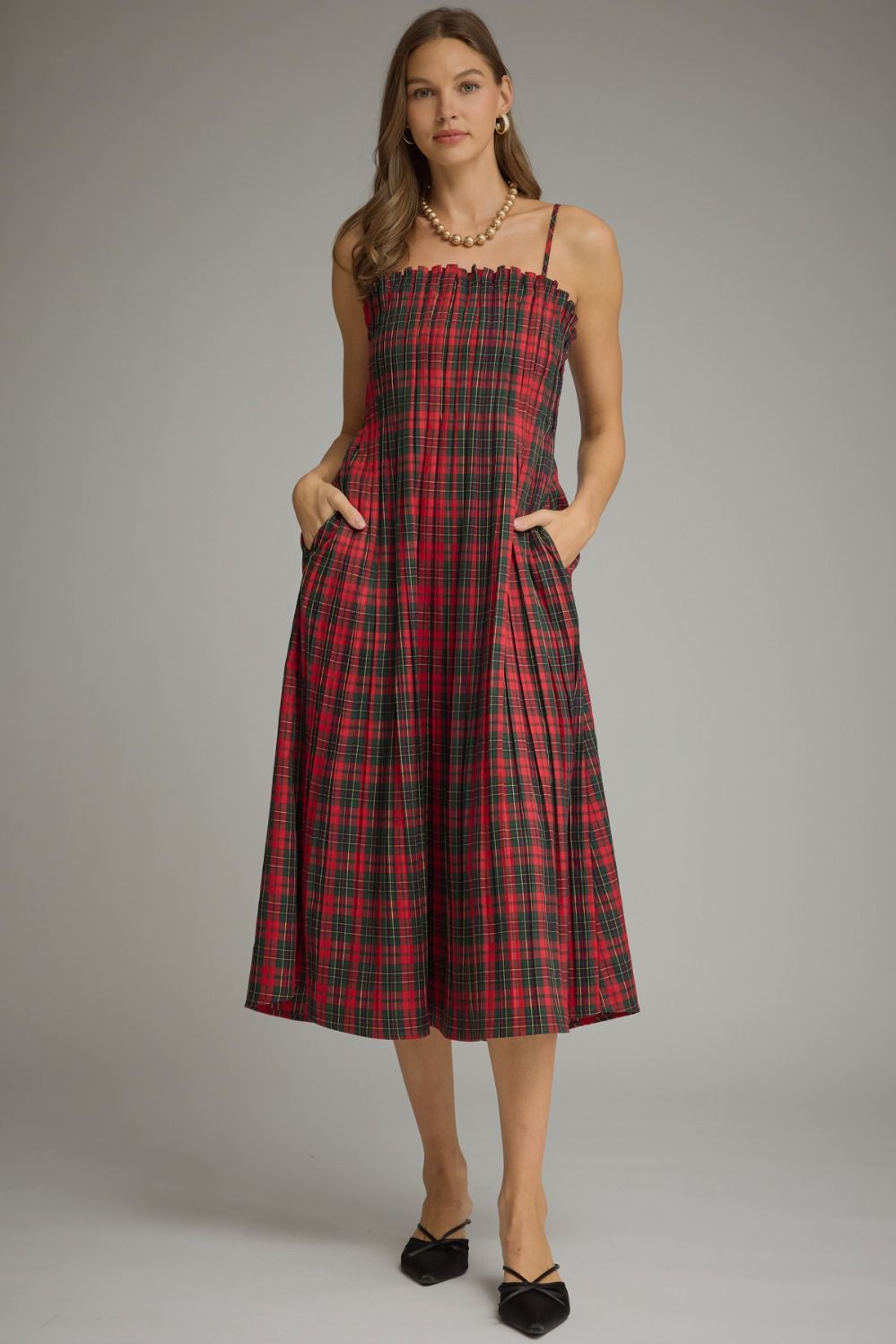 Holly Plaid Pleated Midi Dress in red plaid with spaghetti straps, full-length front view