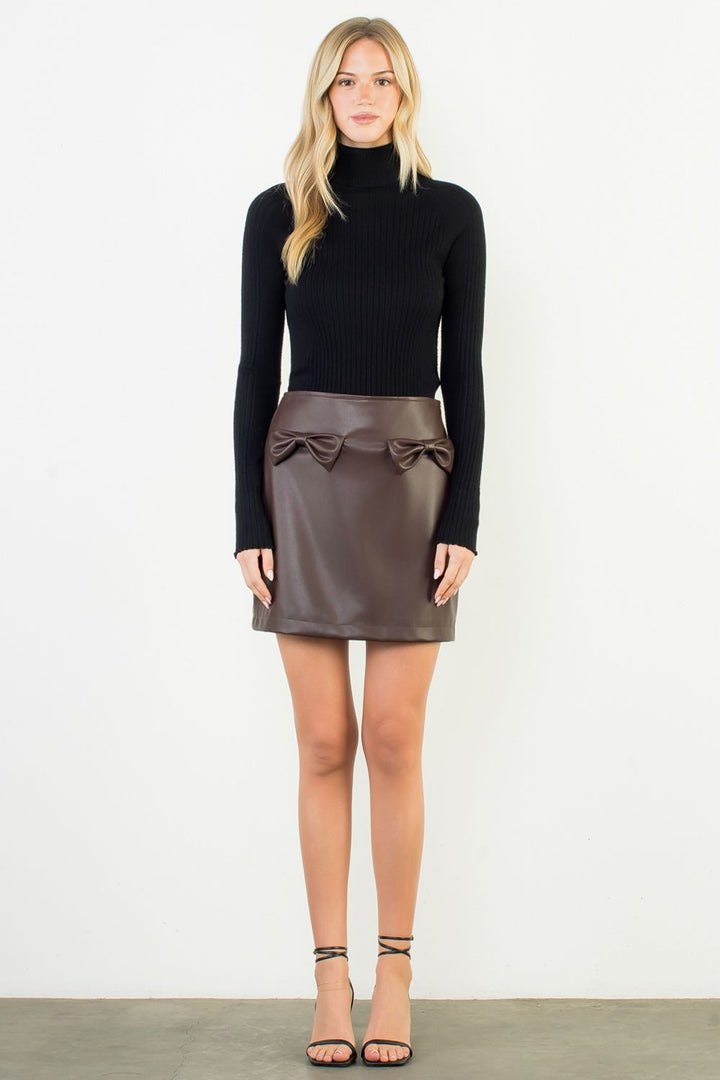 Cocoa Bow Faux Leather Skirt