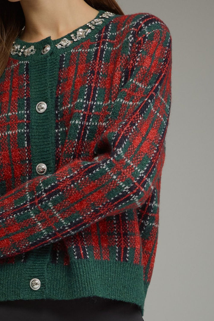 Jingle Jewels Plaid Cardigan, close-up of jeweled buttons and hunter green trim