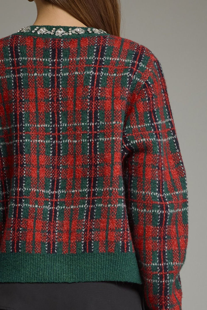 Jingle Jewels Plaid Cardigan, close-up of jeweled collar and plaid knit, back view