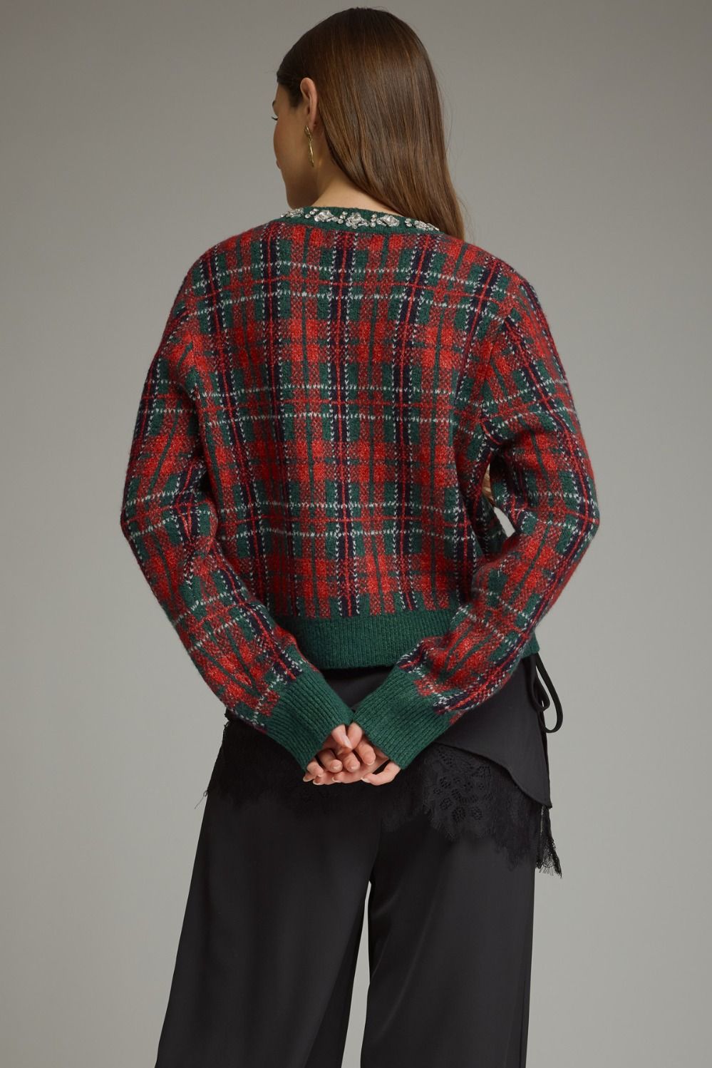 Jingle Jewels Plaid Cardigan in red and green plaid, back view