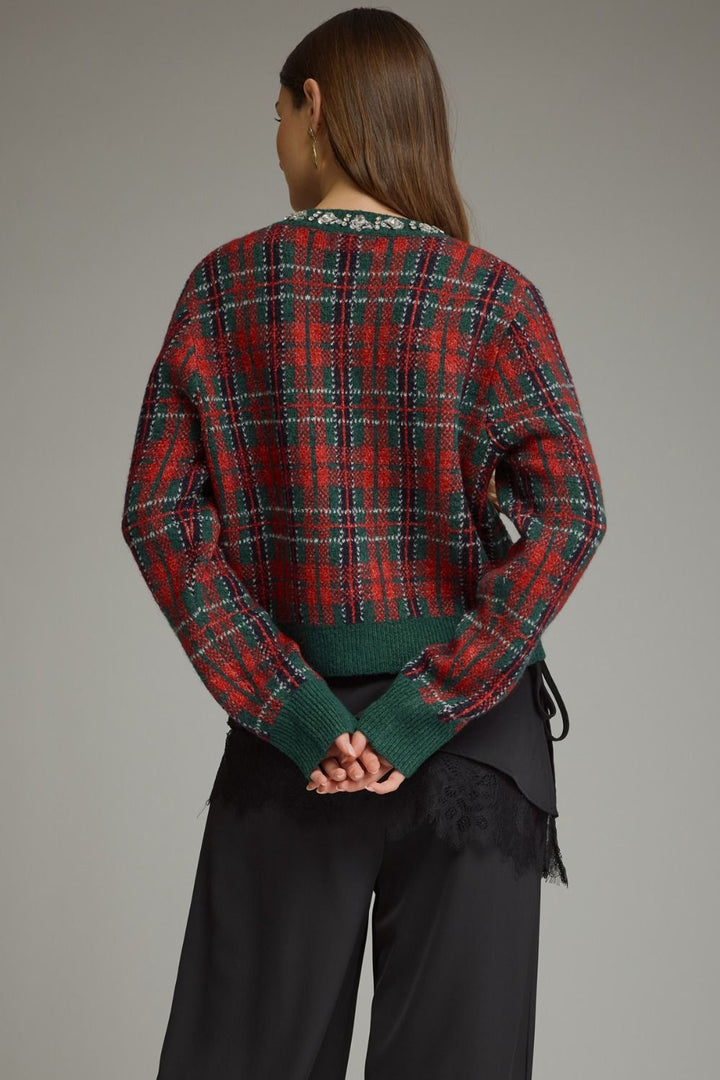 Jingle Jewels Plaid Cardigan in red and green plaid, back view