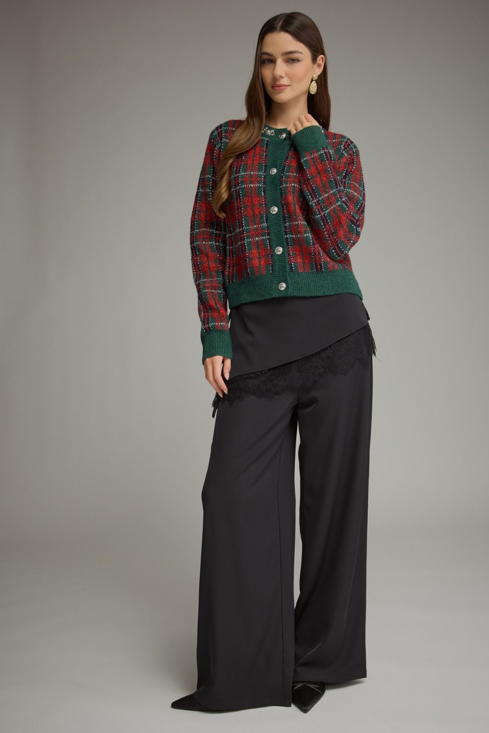 Jingle Jewels Plaid Cardigan in red and green plaid, full-length view styled with black wide-leg pants