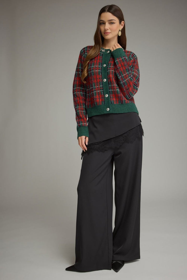 Jingle Jewels Plaid Cardigan in red and green plaid, full-length view styled with black wide-leg pants