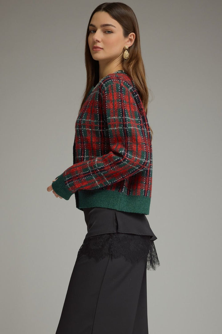 Jingle Jewels Plaid Cardigan in red and green plaid, side view